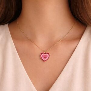 Layered Red & Pink Heart Pendant Gold Tone Necklace
